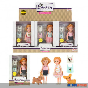 Puppen-Spielset "Lauren" mit Hund 14 cm - 3-sort.